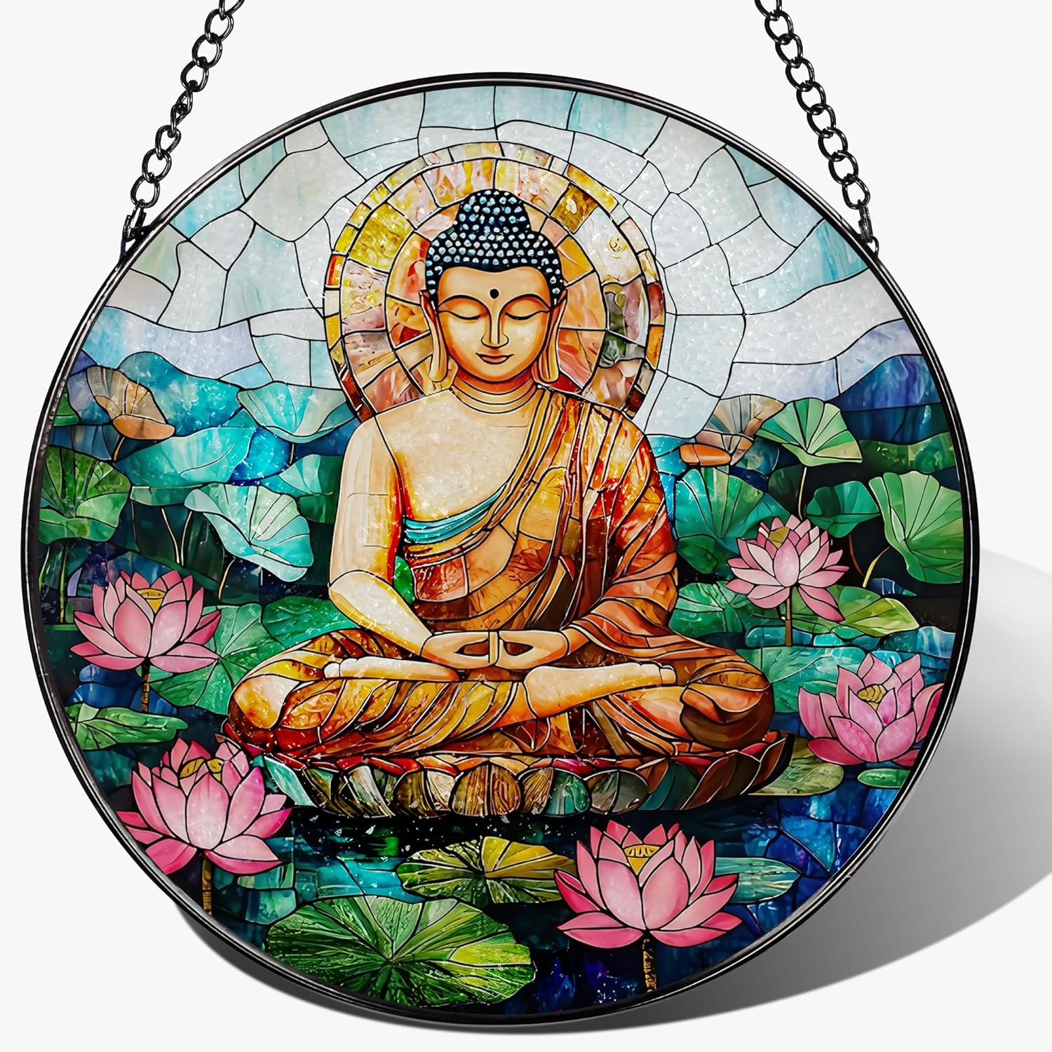 8-Inch Buddha Stained Glass Suncatcher & Ornament, Stained Glass Window Hanging, Sun Catcher Window Decor, Namaste Decor — Gifts for Buddhist & Yoga Lover, Gifts for Christmas, Birthday & Housewarming