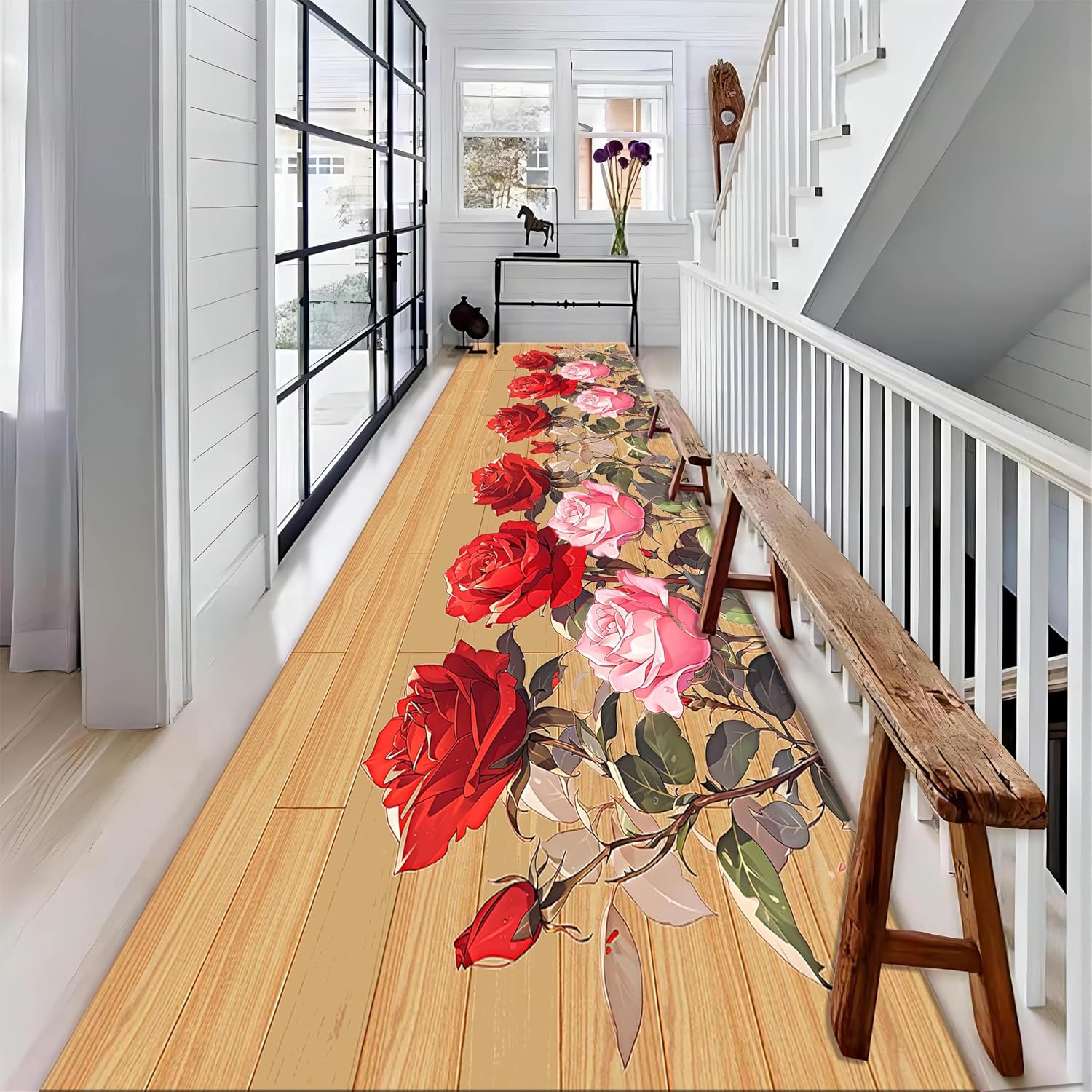 Modern Rose Flower Runner Rug, 2x8ft, Vintage Wood Board Plant Flower Bedroom Area Rugs, Breathable Reduce Noise Kitchen Rug, Printed Fade Resistant Durable Carpet for Indoor Entry