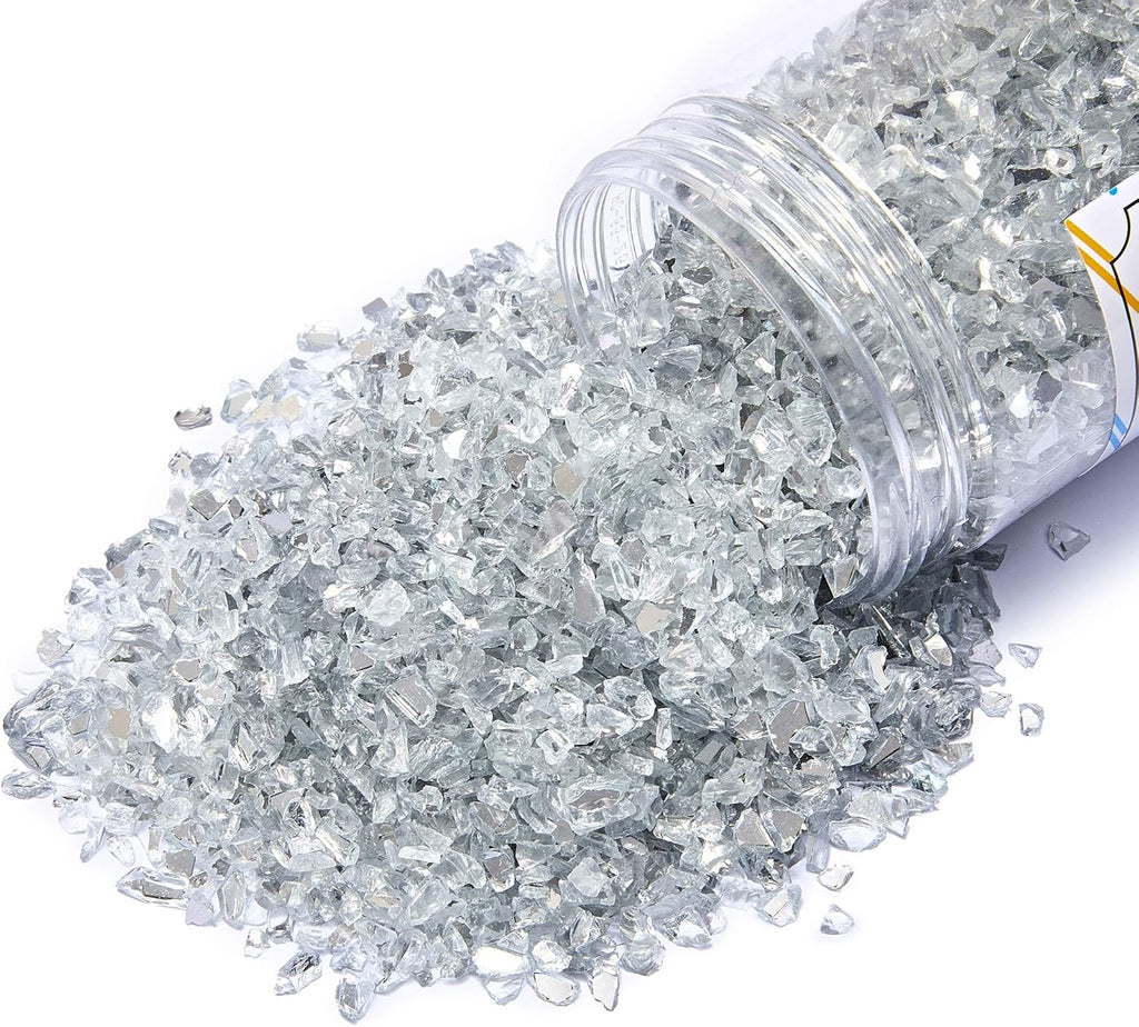 TWINKLING High Luster Fire Glass Gravel Stone Glitter,Broken Glass,Fire Gems Chips,Crushed Glass for Fire Pit Crafts Resin Art Aquarium Garden Decoration,3-6mm,1-Pound Jar (Mirror)