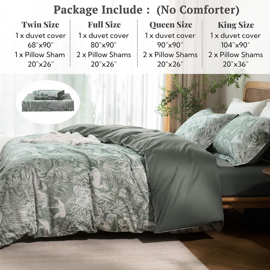 MILDLY Full Size Duvet Cover Set 100% Long-Staple Cotton Luxury Green Floral Patten Reversible Comforter Cover Set 3Pcs