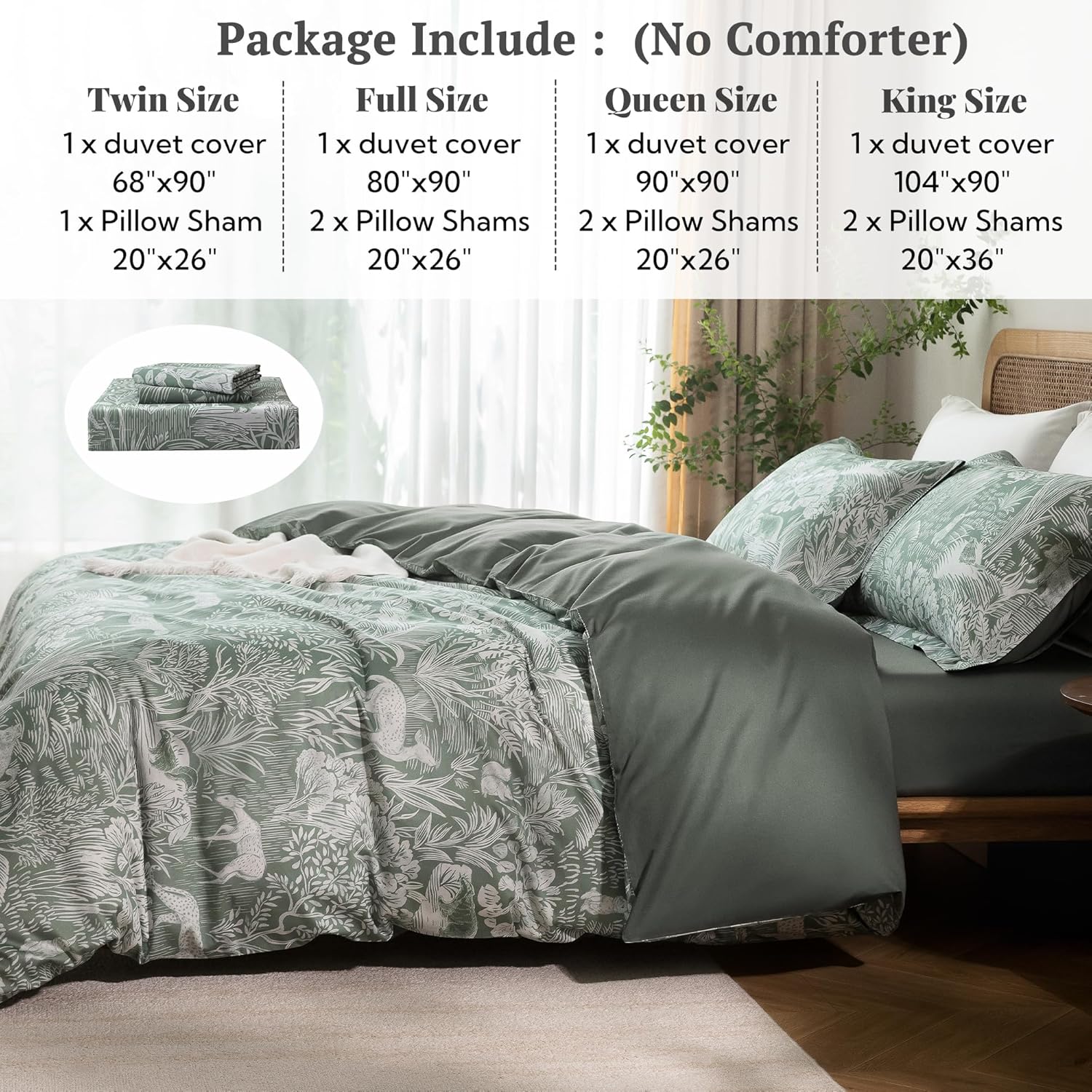 MILDLY Twin Size Duvet Cover Set 100% Long-Staple Cotton Luxury Green Floral Patten Reversible Comforter Cover Set 2Pcs