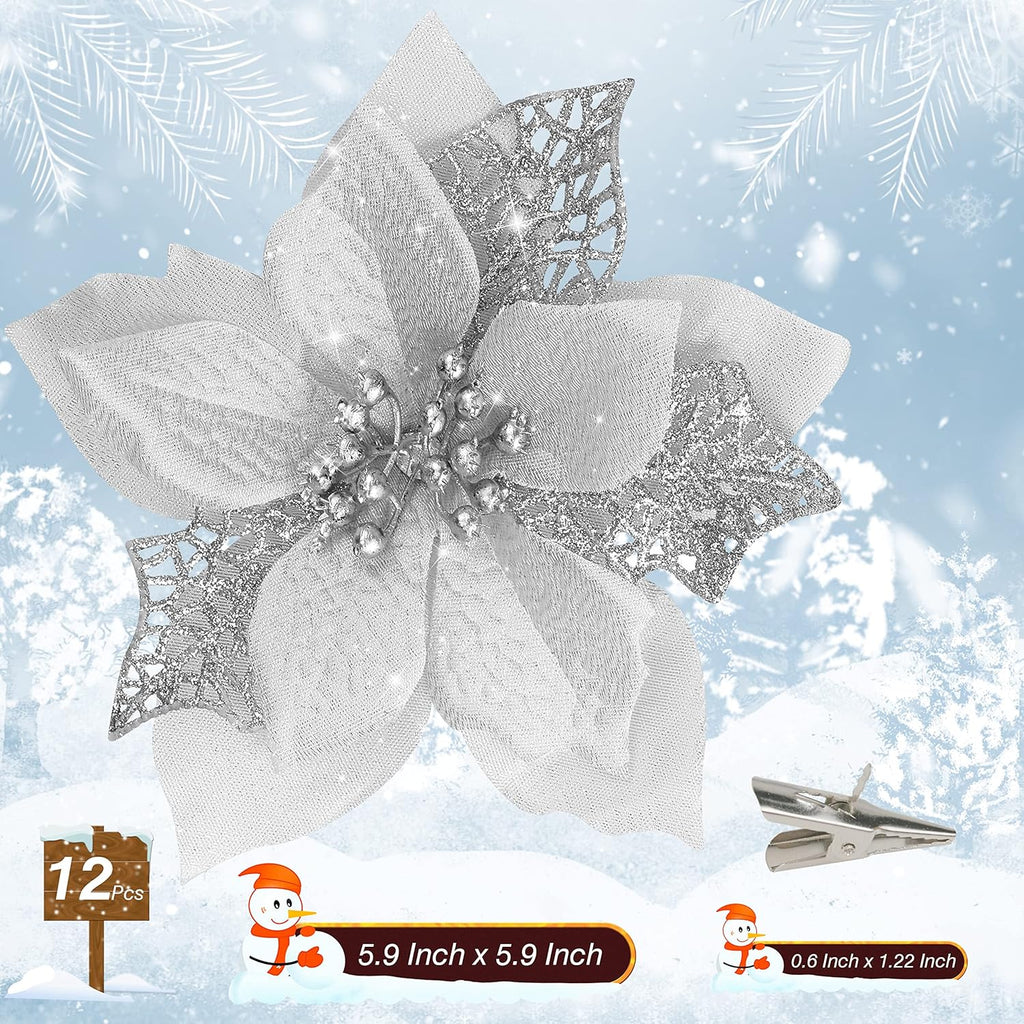 Childom 12 PCS Poinsettia Flower Artificial Poinsettia Christmas Decoration 5.9'' Silver Glitter Poinsettias Christmas Ornaments Xmas Tree Flower Decor with Clips DIY Xmas Wreath Holiday Home Party