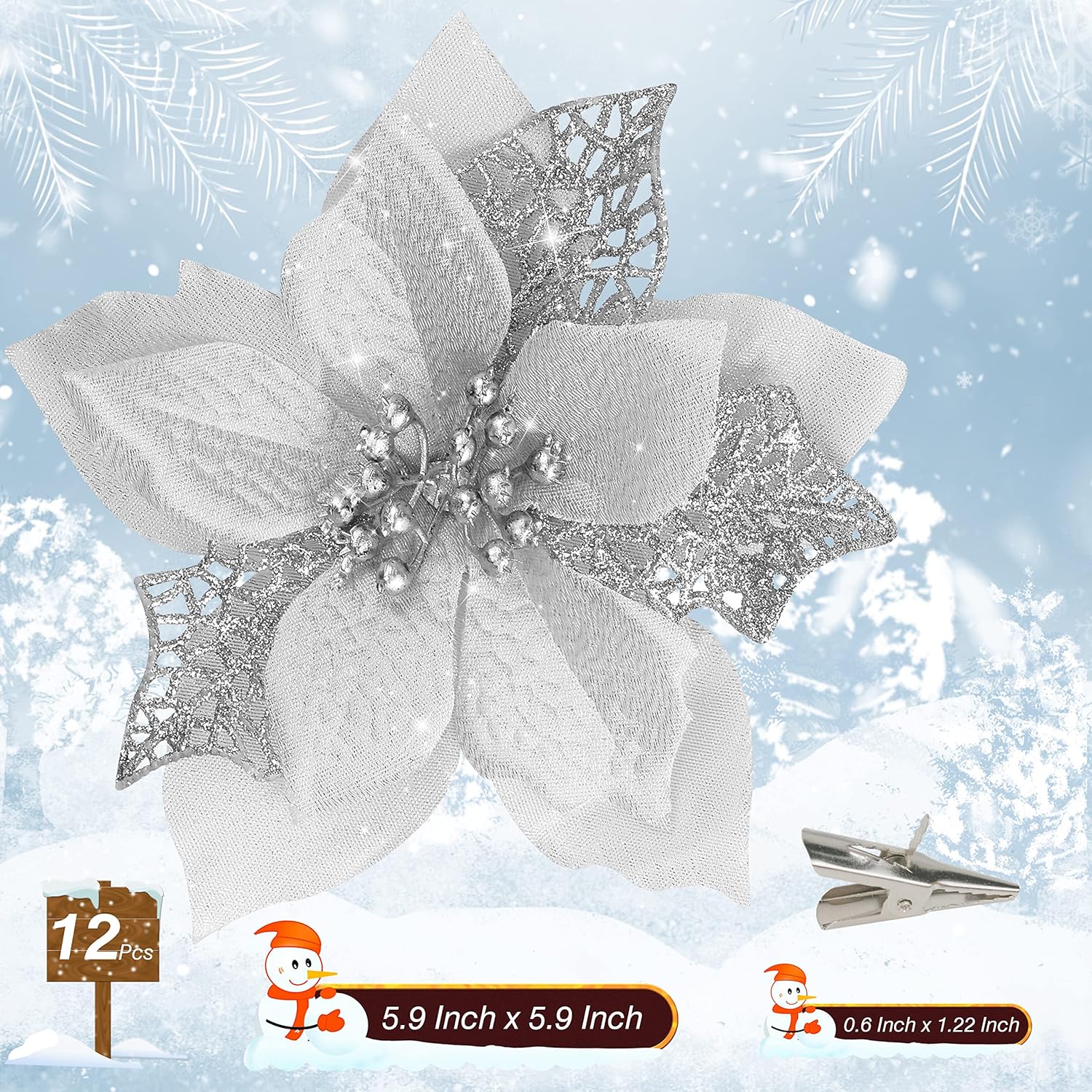 Childom 12 PCS Poinsettia Flower Artificial Poinsettia Christmas Decoration 5.9'' Silver Glitter Poinsettias Christmas Ornaments Xmas Tree Flower Decor with Clips DIY Xmas Wreath Holiday Home Party