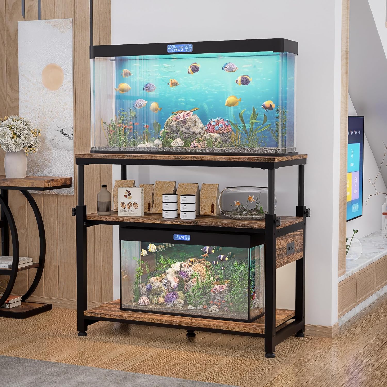 30-40-50 Gallon Aquarium Stand with Storage, 3-Tier Metal Fish Tank Stand with Power Outlet & Adjustable Height, Heavy Duty Turtle Tank Stand for Living Room Bedroom Office, Rustic Brown