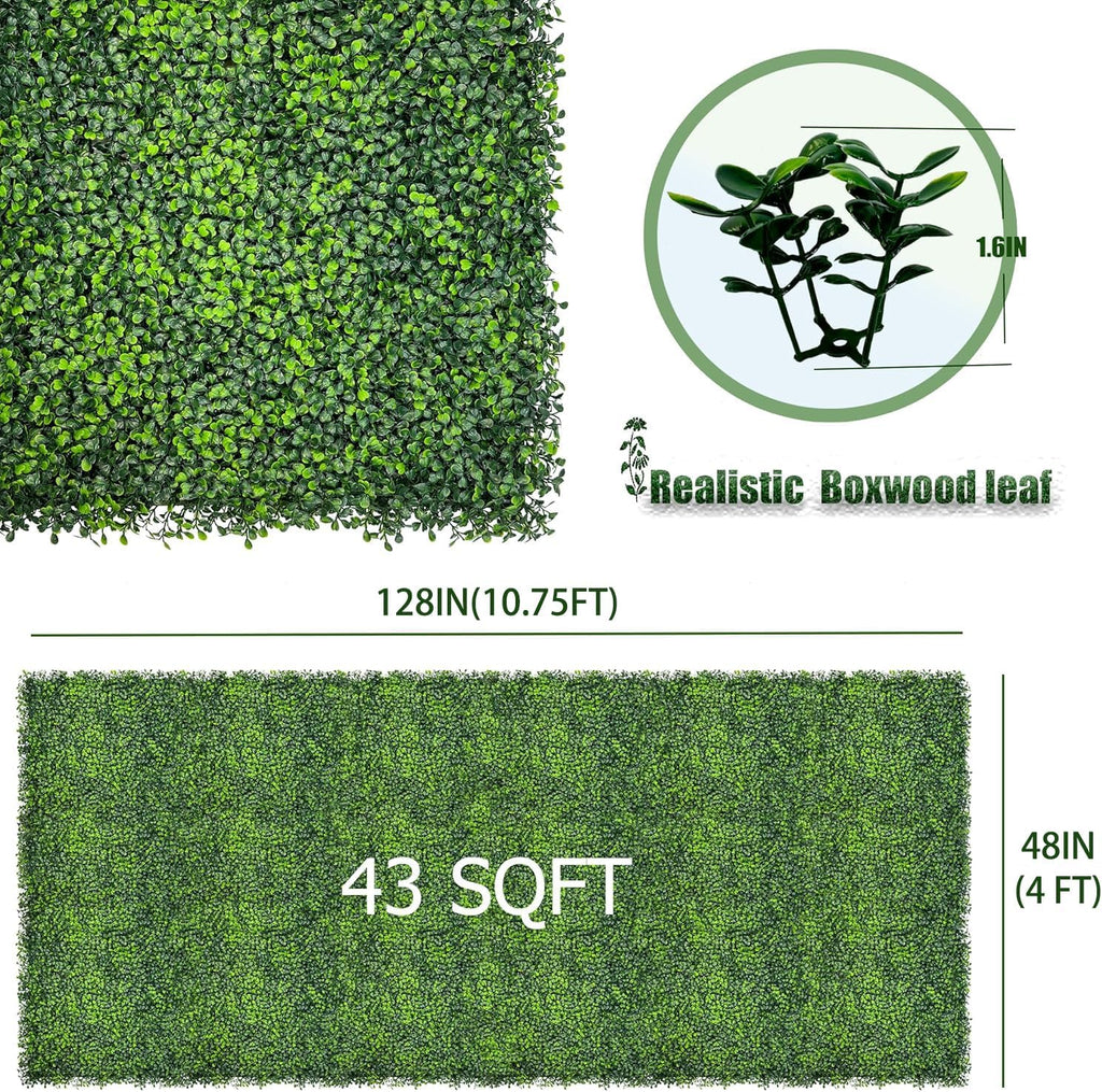 Artificial Ivy Privacy Fence Screen,128"x 48" (43 SQFT) UV-Anti Faux Boxwood Roll Grass Wall Panels for Patio Balcony Privacy, Garden, Backyard Greenery Wall Backdrop Decor