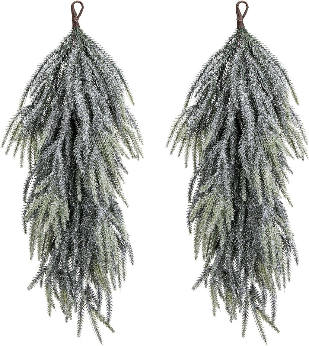2 Pcs Artificial Christmas Snow Teardrop Swag, 28" Faux Glitter Snow Flocked Norfolk Pine Teardrop Door Swag, White Frosted Real Touch Pine Wreath Staircase Swags for Xmas Door Mantle Fireplace Decor