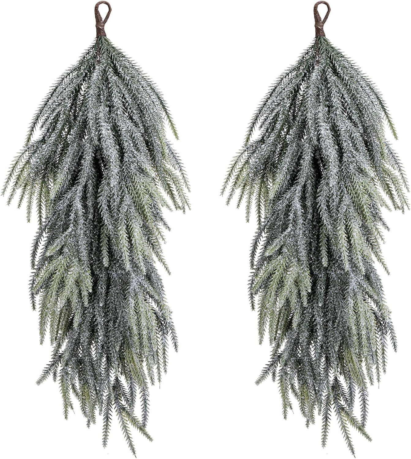 2 Pcs Artificial Christmas Snow Teardrop Swag, 28" Faux Glitter Snow Flocked Norfolk Pine Teardrop Door Swag, White Frosted Real Touch Pine Wreath Staircase Swags for Xmas Door Mantle Fireplace Decor