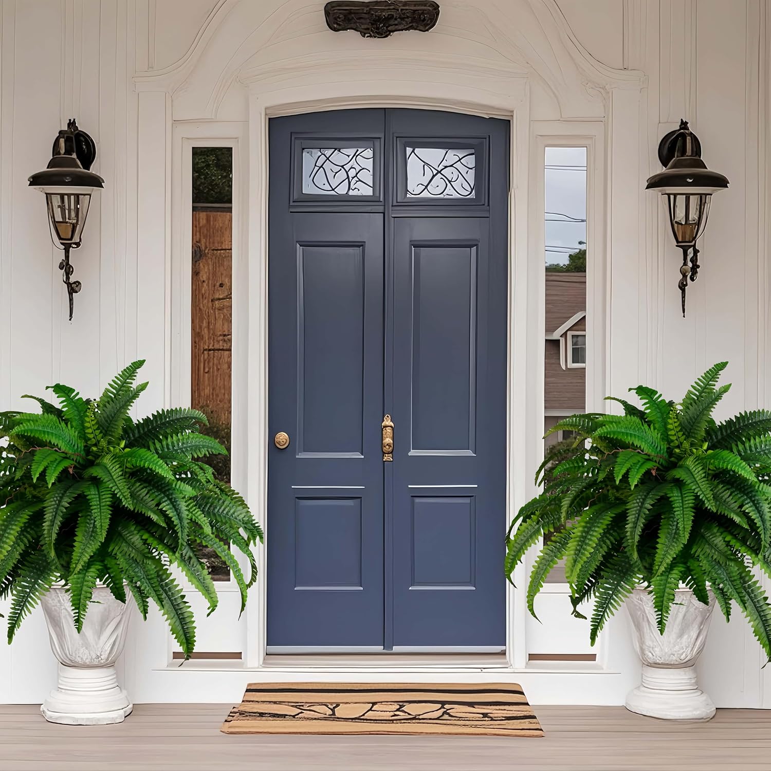 QIANYUN 2PCS Fake Ferns- Artificial Ferns for Outdoors-Faux Plants Boston Fern Tall Potted Plant Large for Front Porch Office Home Decor Indoor Outdoor