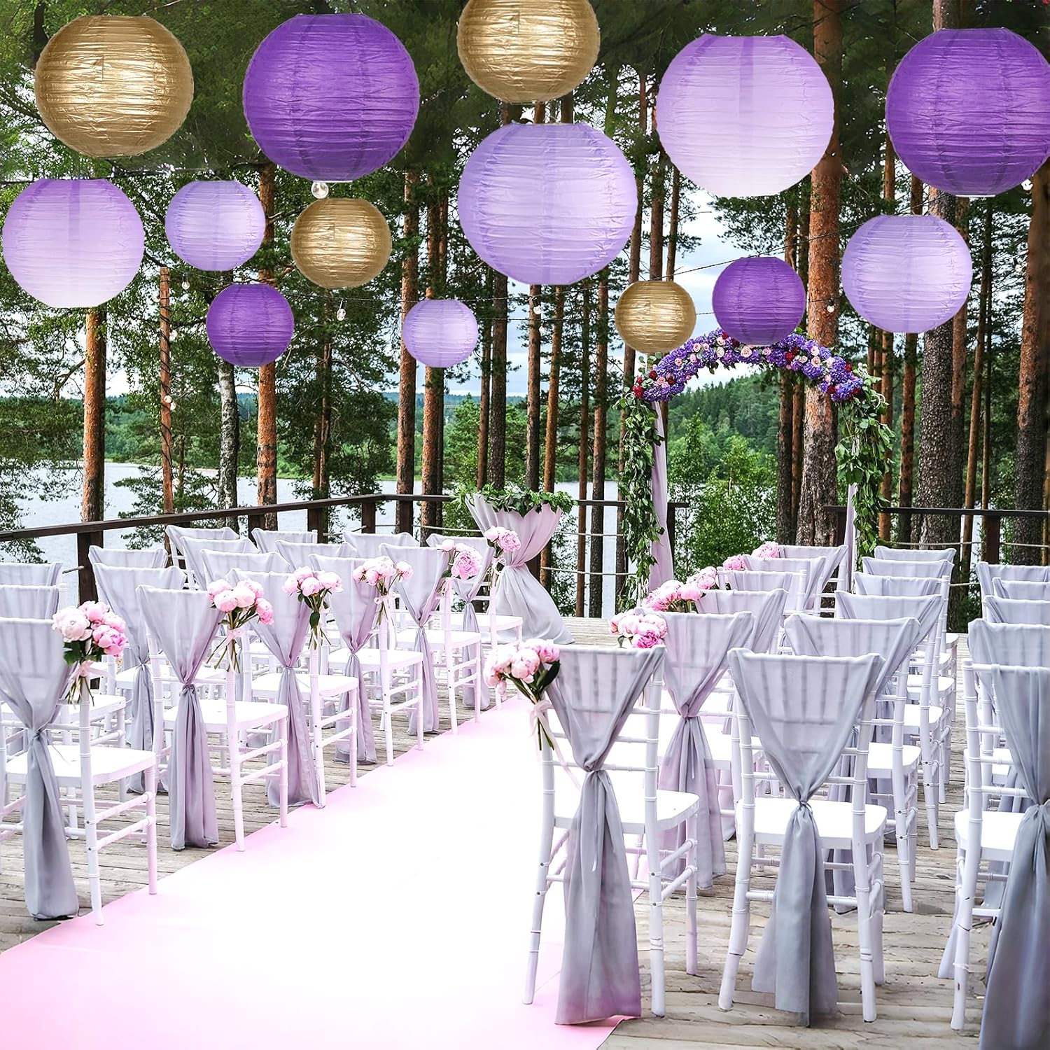 Paper Lanterns Decorative, Gradient Purple Round Hanging Paper Lantern Decorations for Purple Birthday Decorations Bachelorette Gender Neutral Baby Shower, 15Pcs