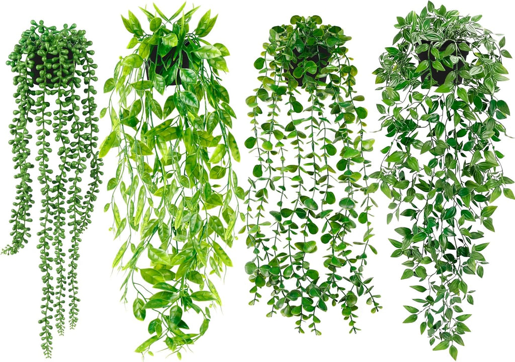 Palonu Artificial Hanging Plants for Shelf, 4 Pack Fake Potted Greenery Faux Eucalyptus Vine, Mandala Vine, String of Pearls,Pea pod Leaves in Pot for Office Living Room Bathroom Indoor Outdoor Décor