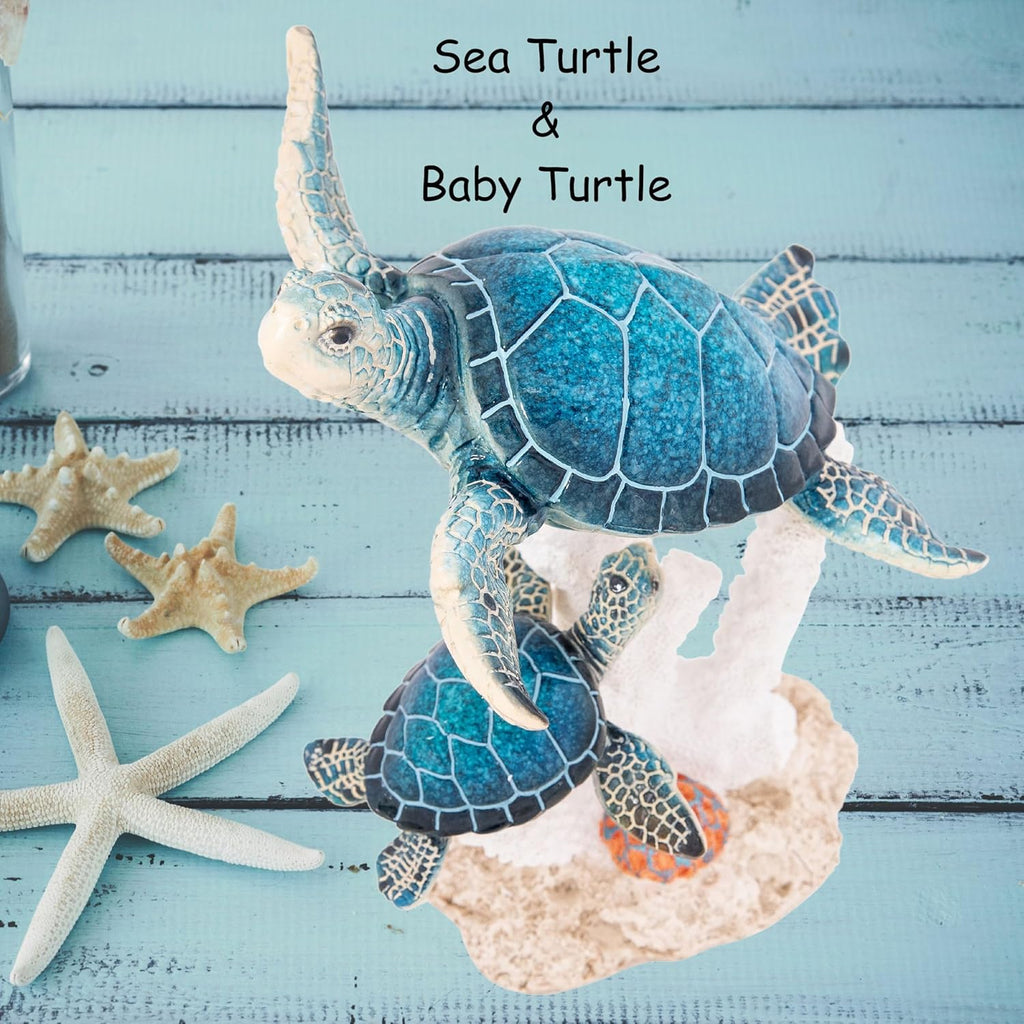 Sea Turtle Decor Figurine Blue Turtles Swimming on Coral Reef Base Beach House Coastal Decor