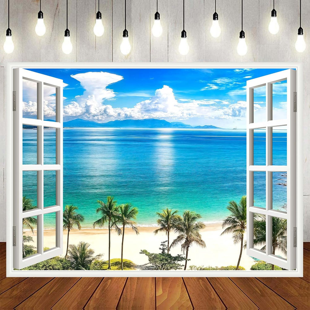 Summer Beach Window Backdrop, Hawaii Tropical Island Palm Leaves Ocean Photography Backdrop, Wedding Pictures Birthday Party Backdrop Photo Booth Props, (10X8FT)