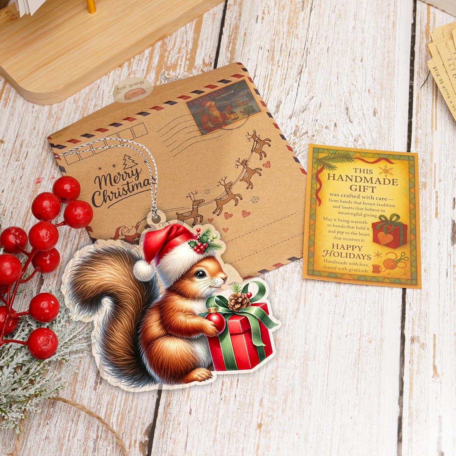Squirrel Ornament, Squirrel Ornaments for Christmas Tree, Christmas Ornaments 2025, Cute Woodland Animal Holding Gift, Festive Holiday Decor, Red Santa Hat Decoration, Forest Themed Xmas Keepsake