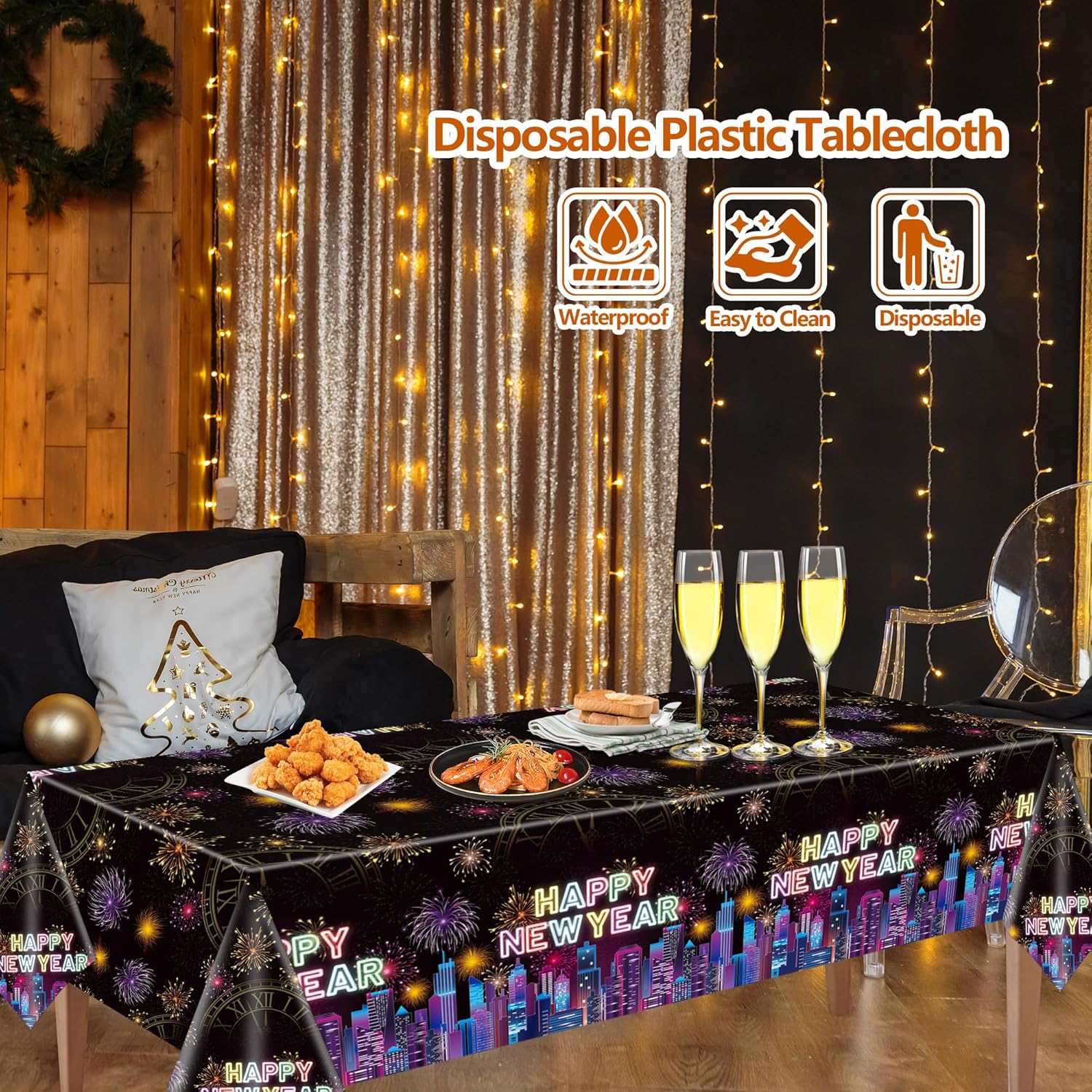 New Years Tablecloth Disposable Plastic Happy New Year Table Cover Colorful Fireworks Tablecloth for NYE Party Decor Favors Supplies 3Pcs 54" X 108"