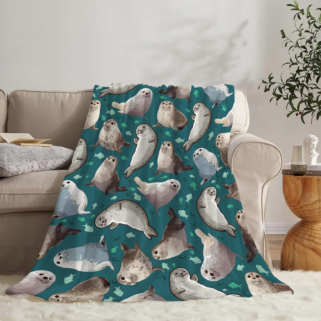 Seal Throw Blanket Ocean Seal Stuff Gifts for Kids Girls Boys Adults Women Men Soft Cozy Warm Plush Fluffy Fuzzy Fleece Blanket Decor 60''X80''