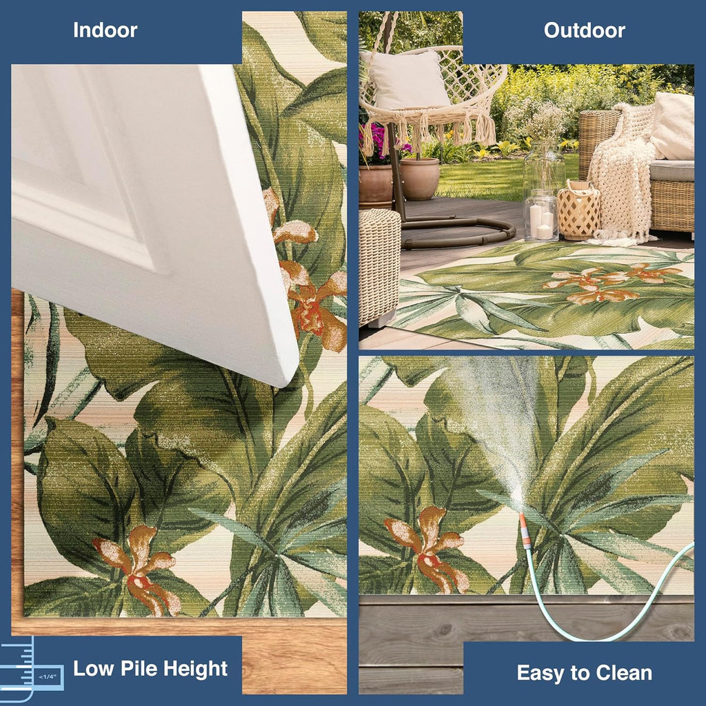 Liora Manne Marina Low Profile Durable Indoor/Outdoor Woven Rug- Tropical Leaf Cream 7'10" x 9'10"