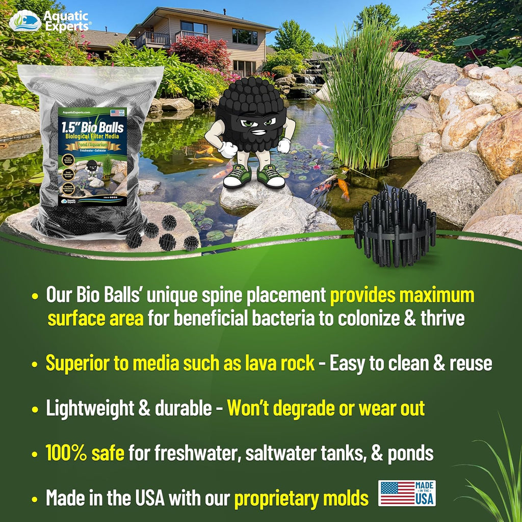 Aquatic Experts Bio Balls Filter Media Bulk, 1.5 Inch Large Bio Balls for Pond & Aquarium Filters, Pond Filter Media for Outdoor Ponds, (2000 Count with 6 Mesh Bags, 1.5 Inch)