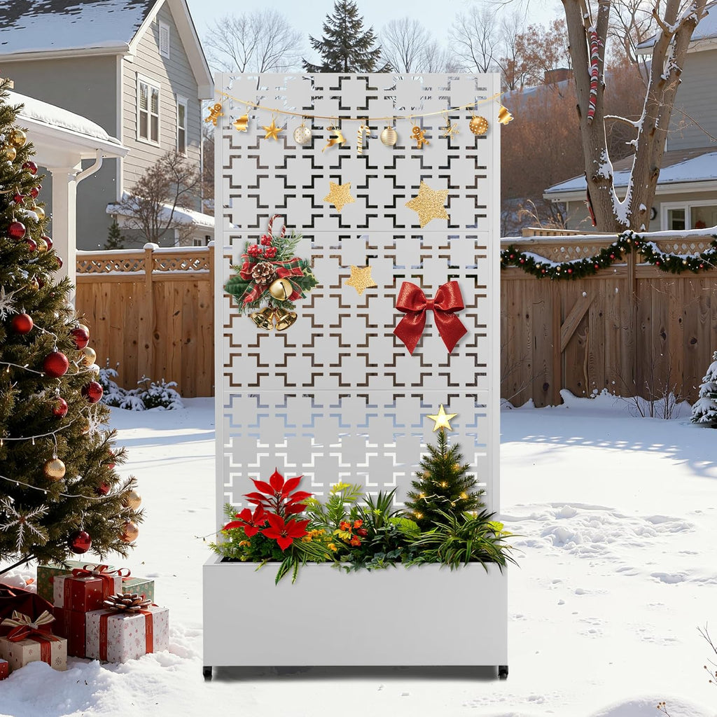 FENCY Metal Raised Garden Bed with Wheels and Trellis,73"x35"x16" Planter Box for Climbing Plants, Vegetables & Vines, Features Privacy Screen and Drainage Holes (White-Square)