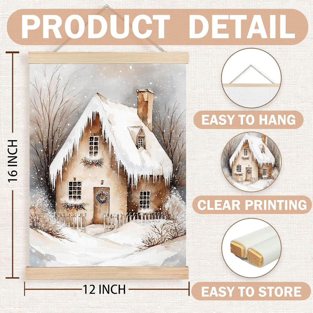 FDHSPAAM Neutral Christmas Cottage Wall Art Decor, Vintage Christmas Decor, Cozy Winter Rustic Snow Covered Houses Wall Art Posters for Home Bedroom Living Room, 12x16 Inch