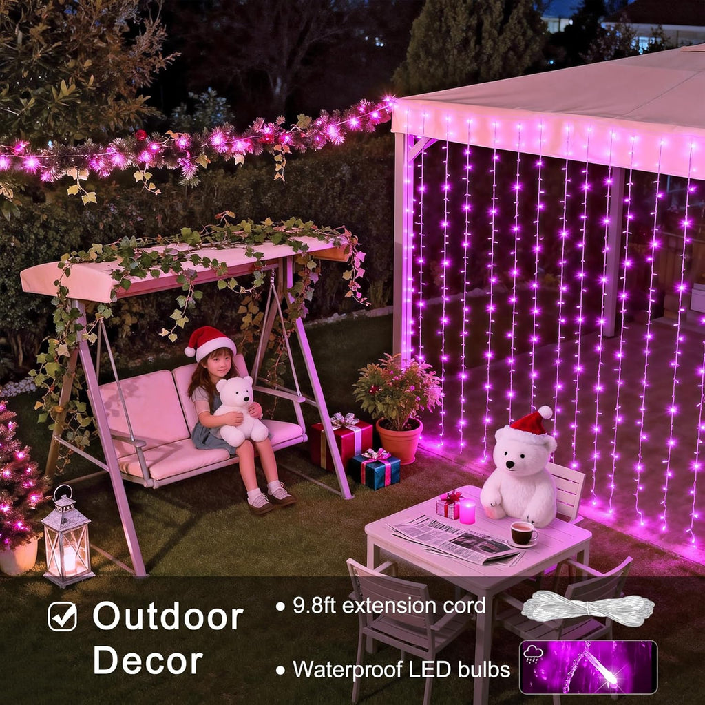 JMEXSUSS 300 LED Curtain Lights Plug in with Remote, 9.8X9.8FT Pink Christmas Lights Indoor, 8 Modes Pink String Lights for Bedroom Window Wall Party Backdrop Xmas Valentine Decorations