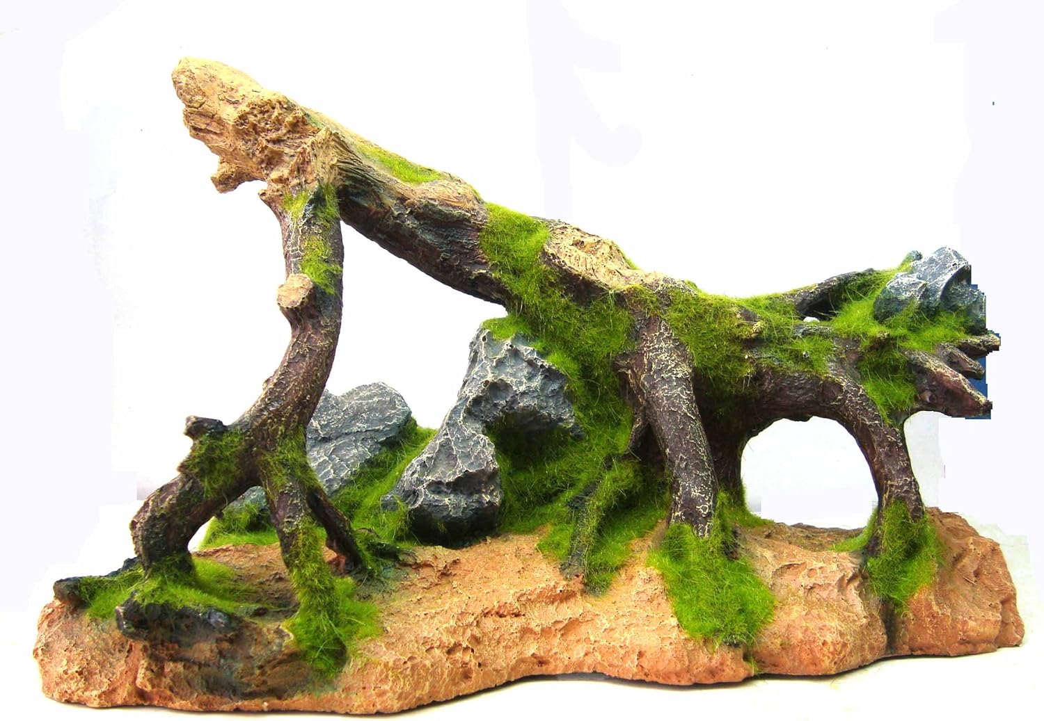 Large Artificial Tree Root Branch & Rocks with Moss Aquarium Fish Tank Ornament 12 Inches Long | Artificial Resin Ornament Safe for Fish, Turtles & Reptiles Aquascape Decor