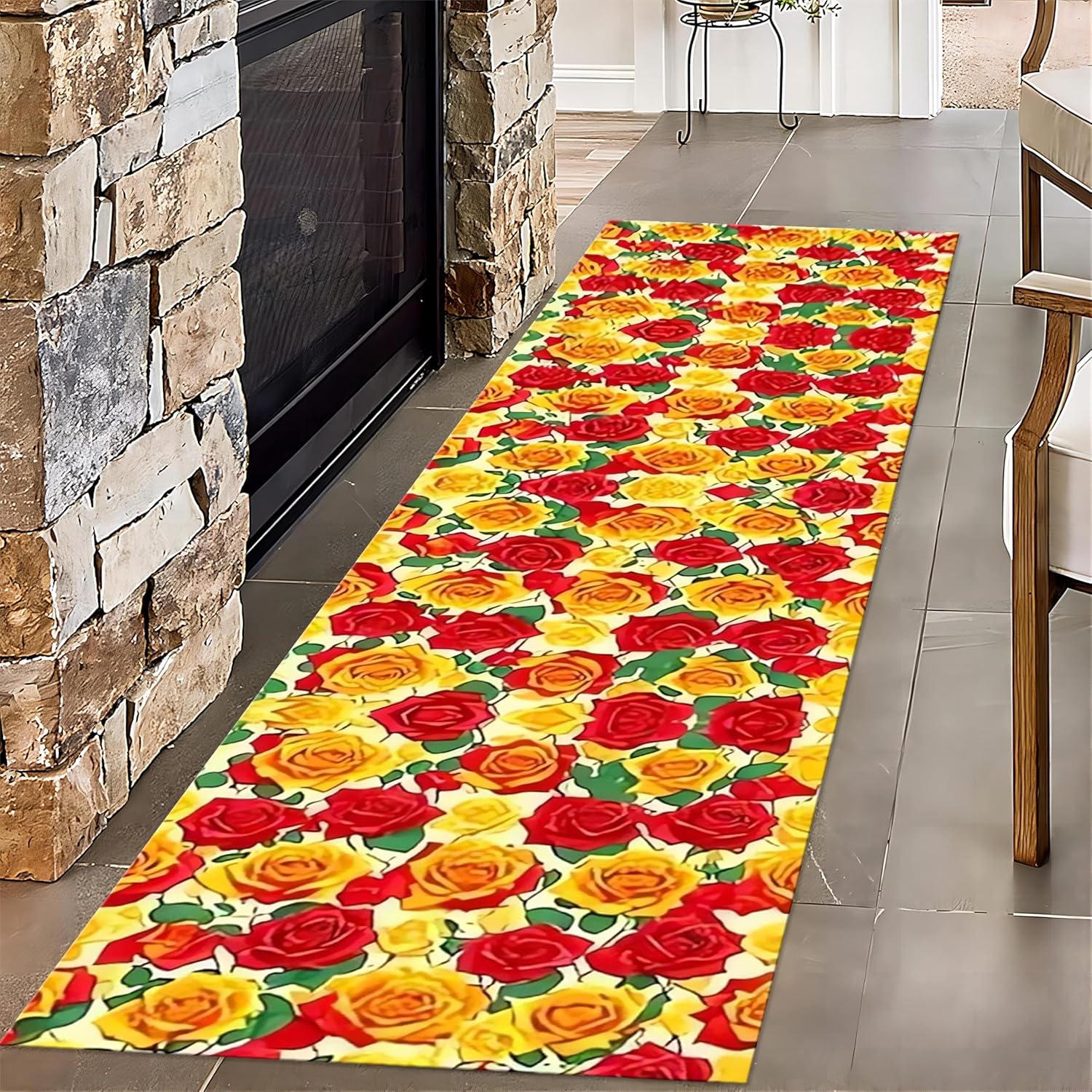 Romantic Rose Flower Rugs for Living Room, 1.3x7ft, Red Yellow Flower Plant Hallway Carpet, Low Pile Non-Shedding Easy Clean Fade Resistant with Non Slip Backing Mats for Indoor Bedside