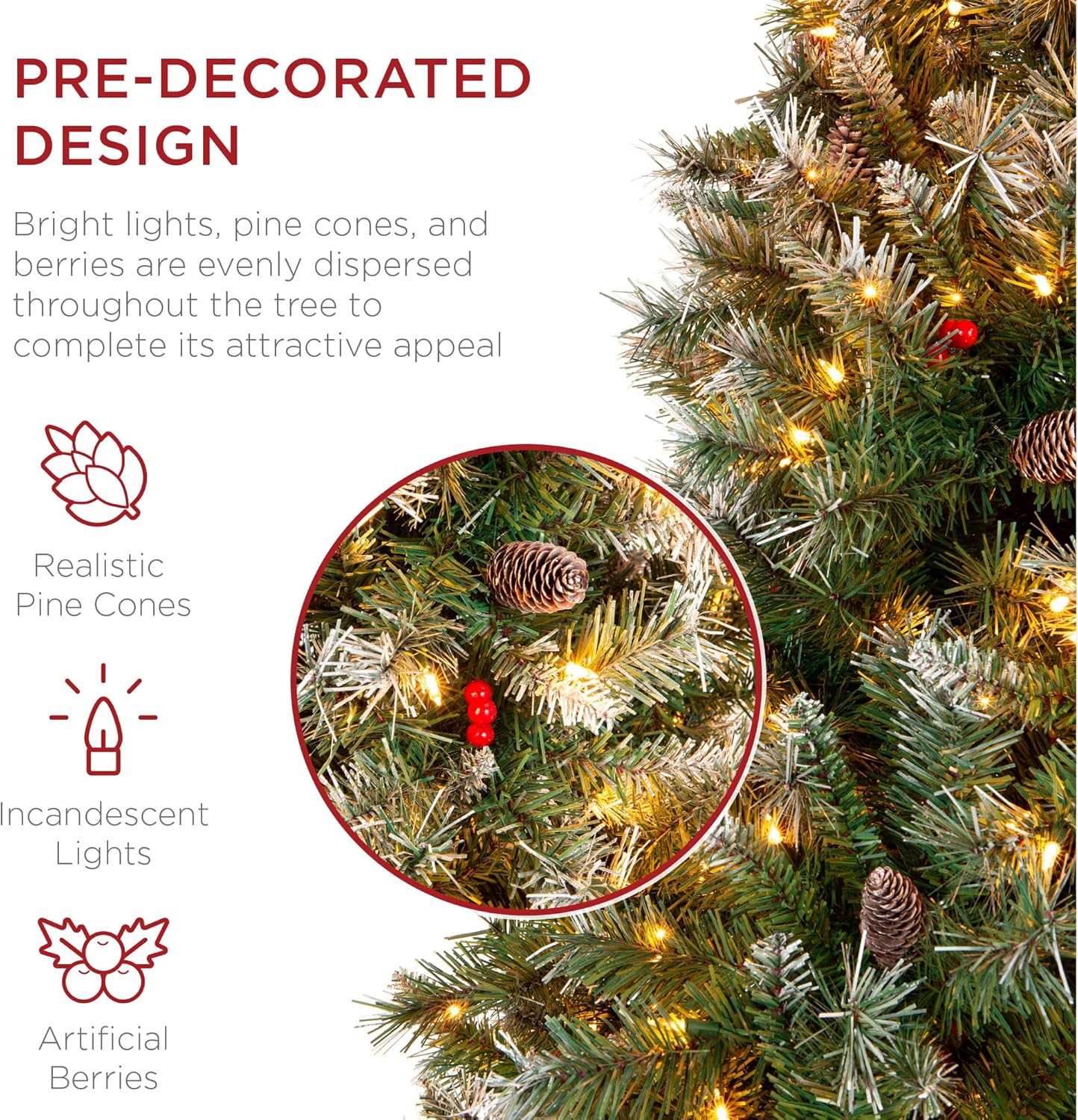 Best Choice Products Christmas Tree Pre-Lit, Pre-Decorated Artificial 12ft Frosted Pine Holiday Decoration w/Frosted Tips, Pine Cones, Berries