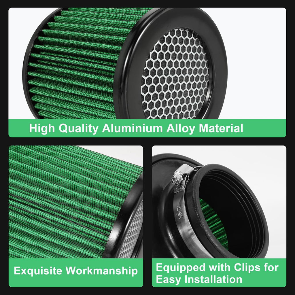 Cold Air Intake Filter High Performance Washable Filter Clamp-On Replacement Air Filter Flange Diameter 3inch/76mm Green