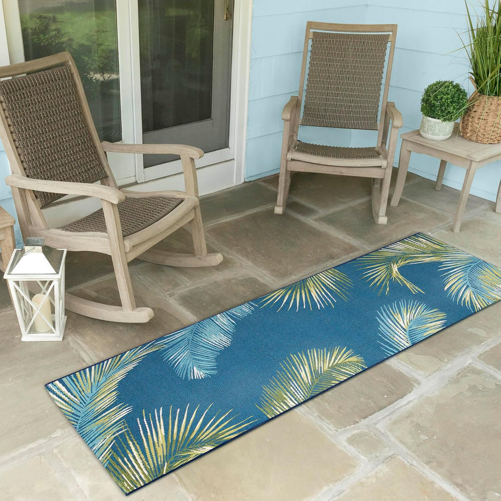 Liora Manne Marina Indoor/Outdoor Power Loomed Synthetic Blend Low Profile Area Rug - Transitional Border Botanical Beach Colorful (Palm Border Navy) (1'11" x 7'6")