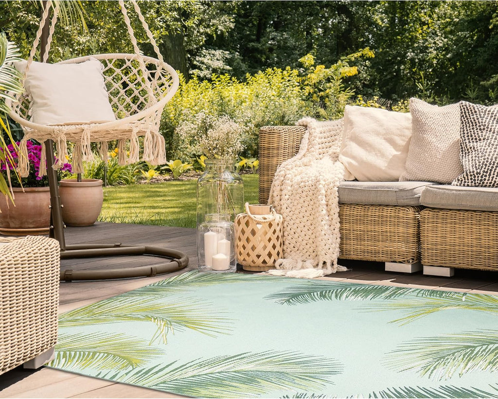 Liora Manne Marina Indoor/Outdoor Power Loomed Synthetic Blend Low Profile Area Rug - Transitional Border Botanical Beach Colorful (Palm Border Aqua) (6'6" x 9'4")