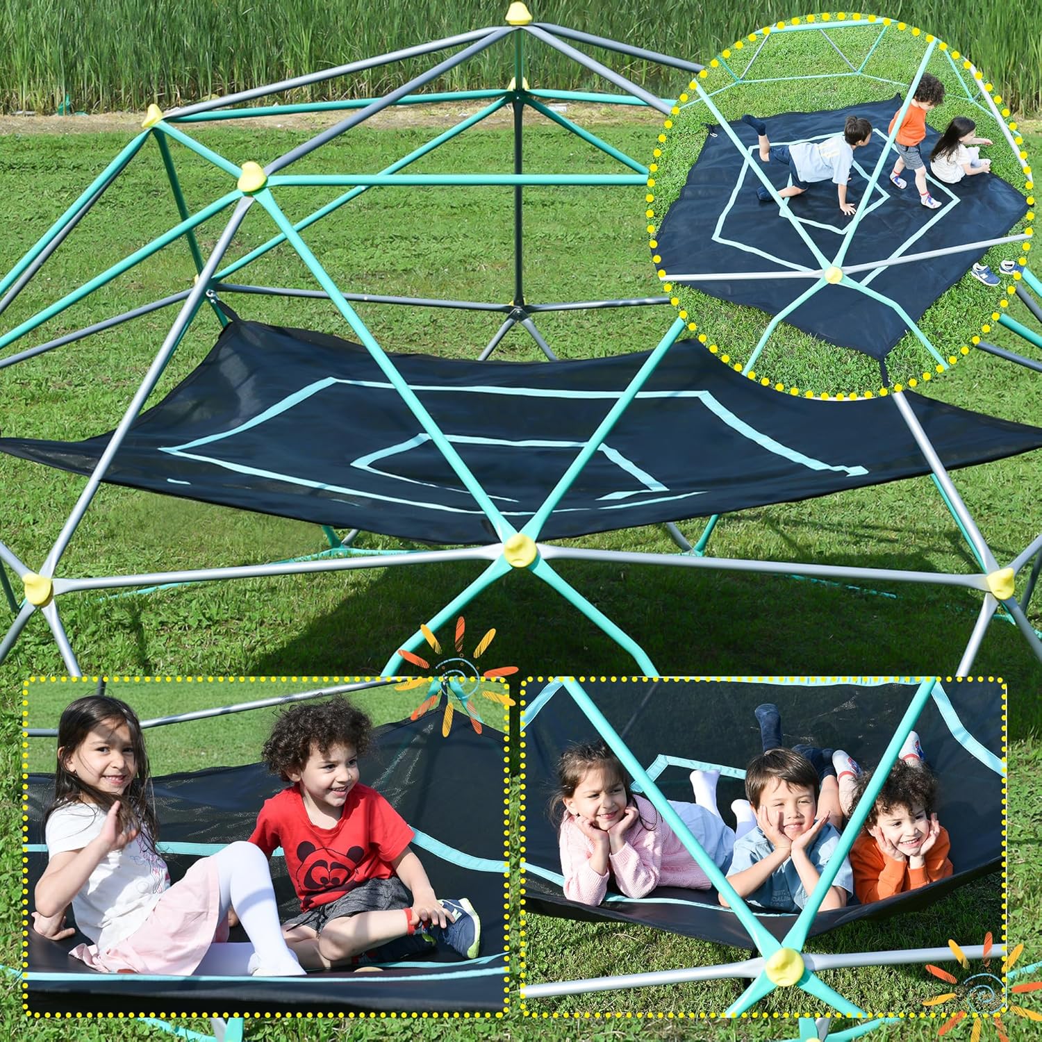 12 FT Climbing Dome with Play Canopy for Kids 3-10, Outdoor Play Equipment Supporting 1000 lbs, Anti-Rust Jungle Gym, Easy Assembly Geometric Dome Climber Play Center (Blue & Silver)