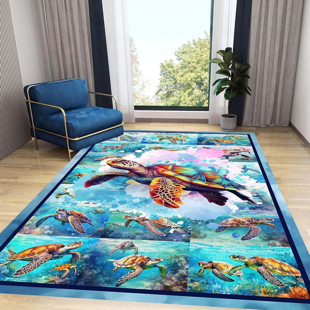 Turtle Area Carpet, 6x9ft, Colorful Ocean Themed Sea Turtle Floor Rugs, Blue Underwater Painting Rugs for Home Decoration, Fade Resistant Soft Foldable Mats for Dorm Family Entrance