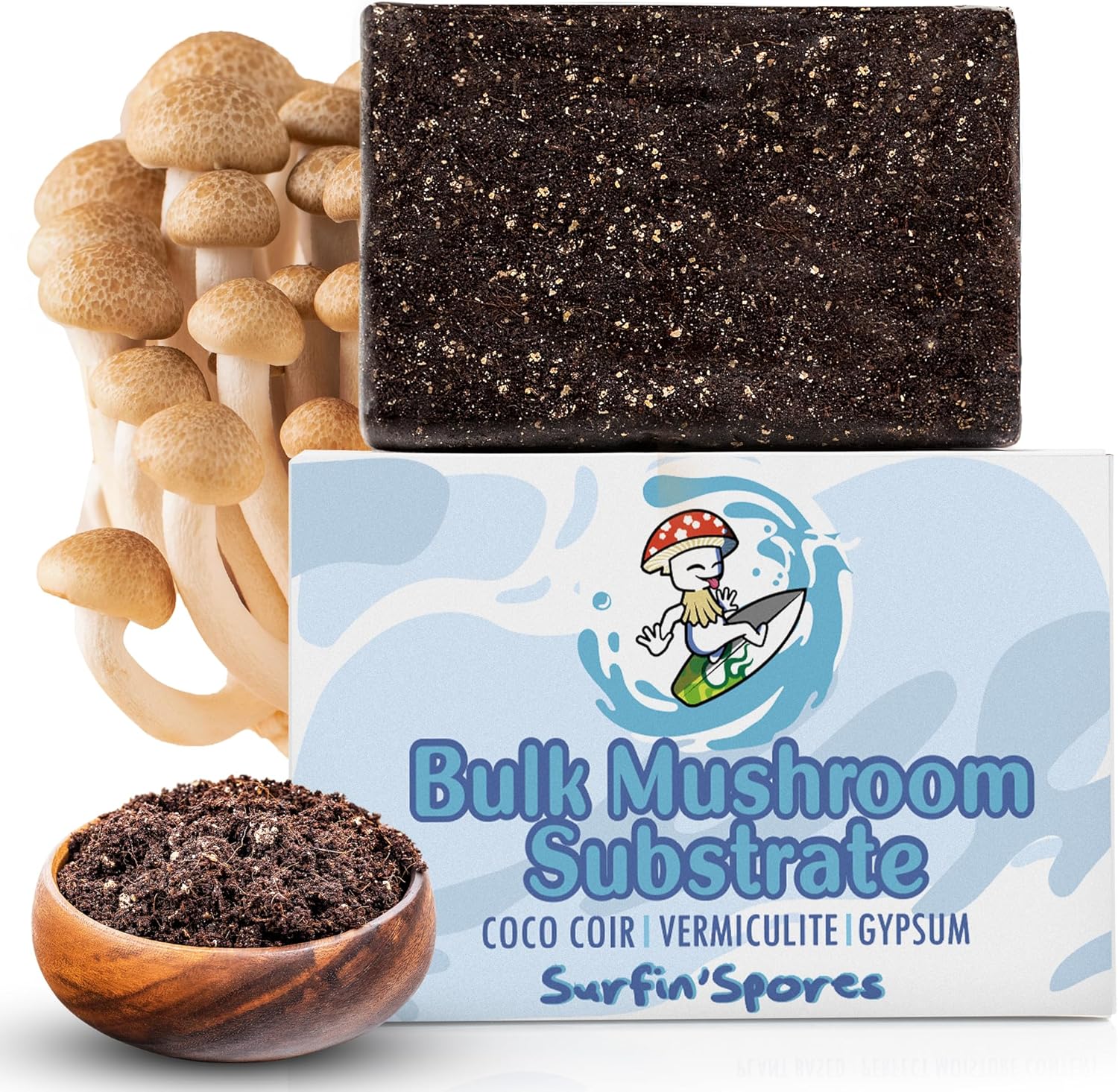 Surfin' Spores Premium Bulk Mushroom Substrate - 20 lbs Expert Mycologist Blend of Coco Coir, Vermiculite & Gypsum, Pasteurized & Odor-Free, Long Shelf-Life, Ideal for Monotub Cultivation