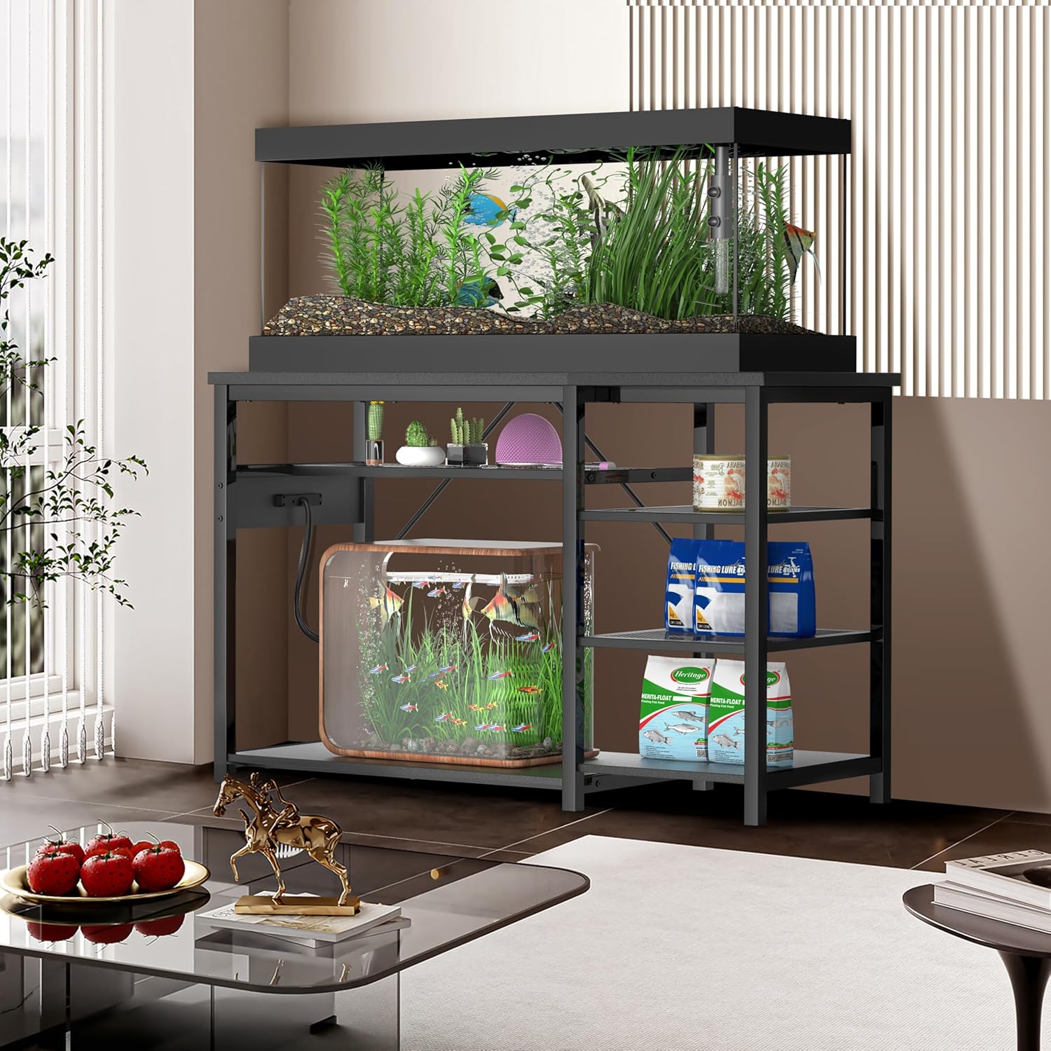 55-75 Gallon Fish Tank Stand: Heavy Duty Aquarium Stand with Power Outlets and Cabinet for Fish Tank Accessories Storage - Metal Frame, 1200LBS Capacity, Suitable for Fish & Reptile Terrariums