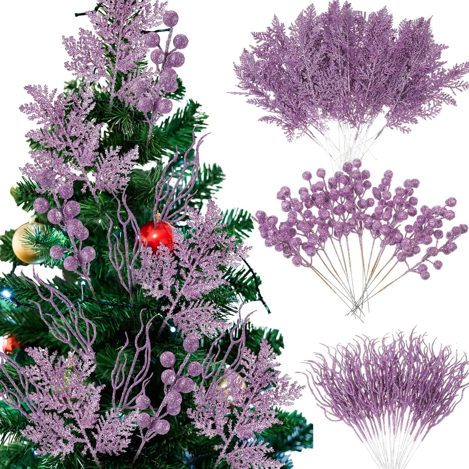 75 Pcs Christmas Glitter Branches 3 Styles Artificial Christmas Picks Berries Stems Pine Needles Floral Twig Spray for Xmas Tree Ornaments DIY Wreath Garland(Light Purple)