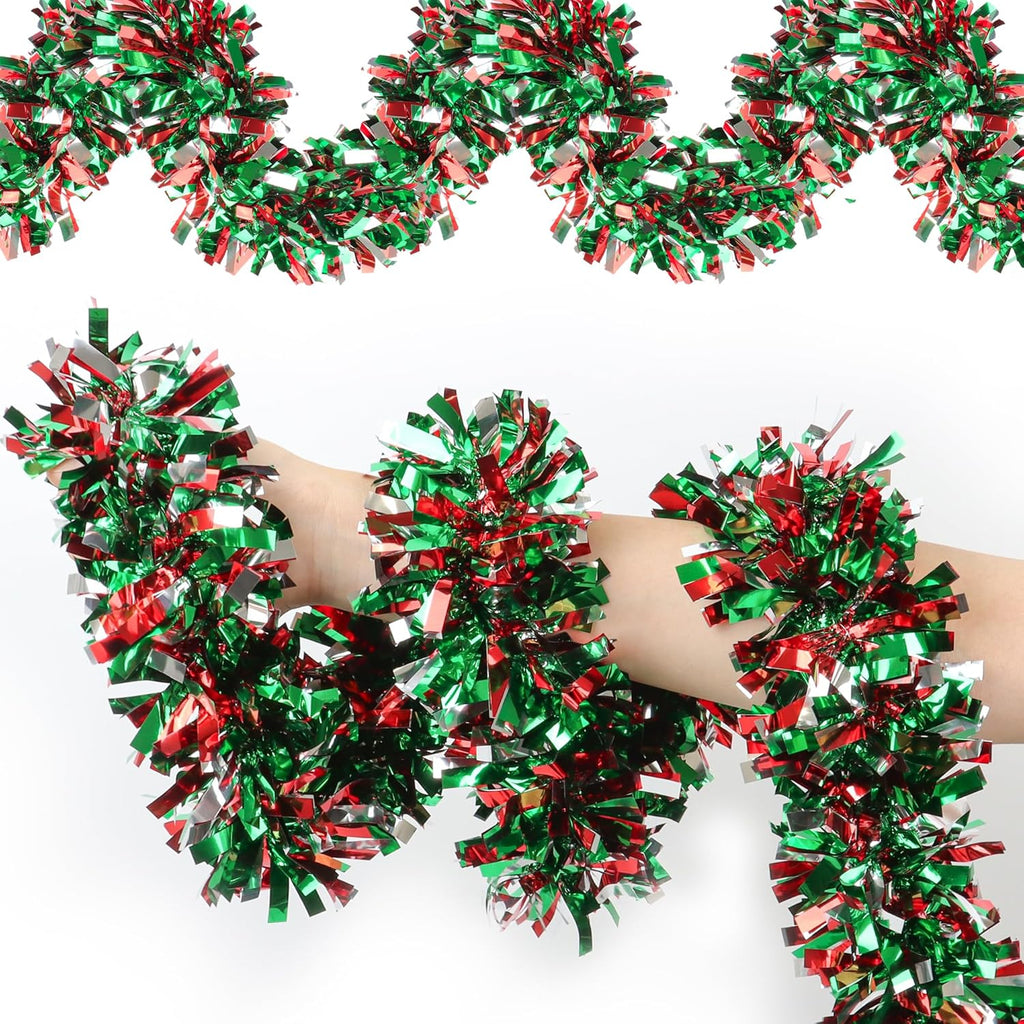 50 Feet Red & Green Silver Christmas Tinsel Garland Metallic Twist Shiny Hanging Garland for Christmas Tree Decorations Xmas Holiday Decor for Home Indoor Party Supplies (Red & Green Silver)