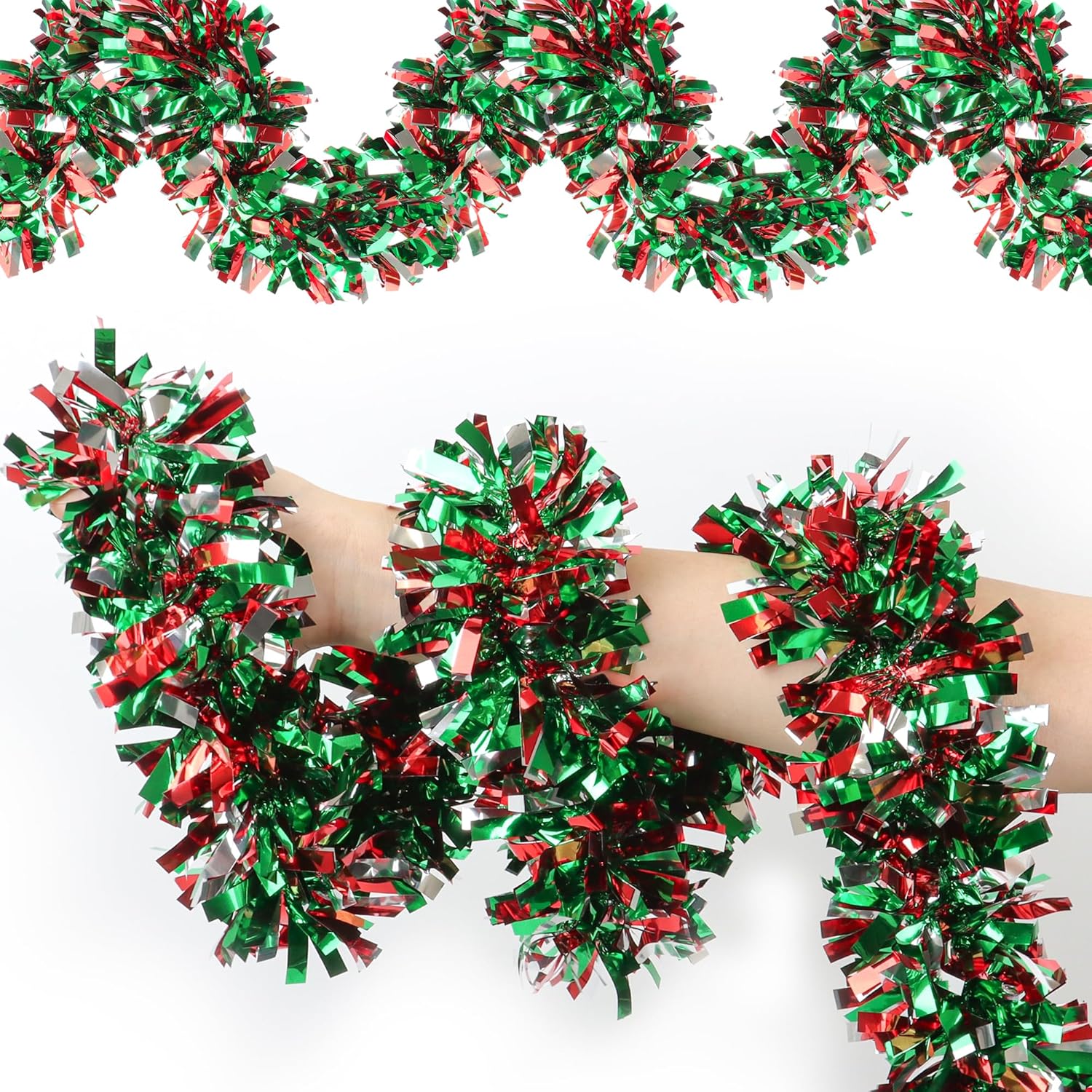 50 Feet Red & Green Silver Christmas Tinsel Garland Metallic Twist Shiny Hanging Garland for Christmas Tree Decorations Xmas Holiday Decor for Home Indoor Party Supplies (Red & Green Silver)
