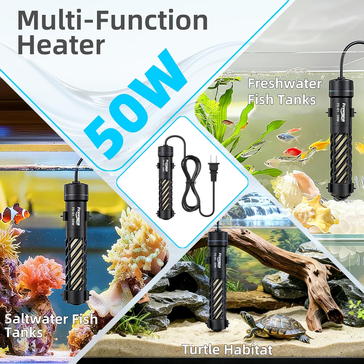 FREESEA Aquarium Heater for Fish Tank: 50W Small Submersible Thermostat with Off-Water Protection & UL Certified Cord for 3-10 Gallon Fish Turtle Tanks Enthusiasts