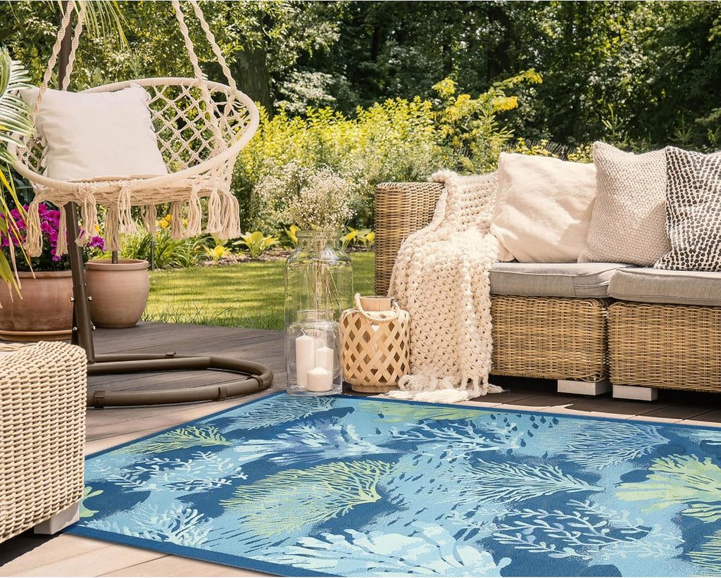 Liora Manne Marina Indoor/Outdoor Power Loomed Synthetic Blend Low Profile Area Rug - Transitional Border Botanical Beach Colorful (Coral Garden Lapis) (3'3" x 4'11")