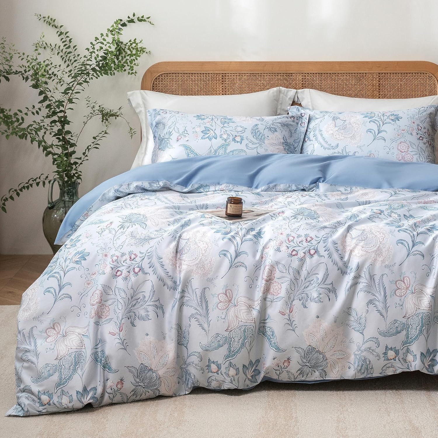 MILDLY Full Size Duvet Cover Set 100% Long-Staple Cotton Luxury Paisley Floral Patten Reversible Comforter Cover Set 3Pcs