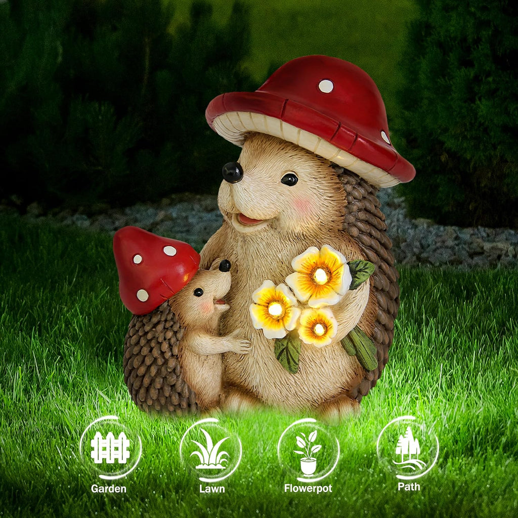 Solar Hedgehog Garden Statue Lights for Outdoor Decor, Resin Hedge hog Figurine Lighting Decorations, Patio Yard Lawn Ornaments Birthday Gifts for Women Mom Grandma