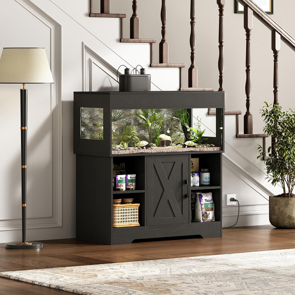 40 Gallon Reptile Terrarium Tank with Storage Cabinet, Reptile Tank with Stand, for Leopard Geckos, Corn Snakes, Juvenile Pets, Sliding Acrylic Doors, Mesh Top, Power Outlet, Black PX03RTB