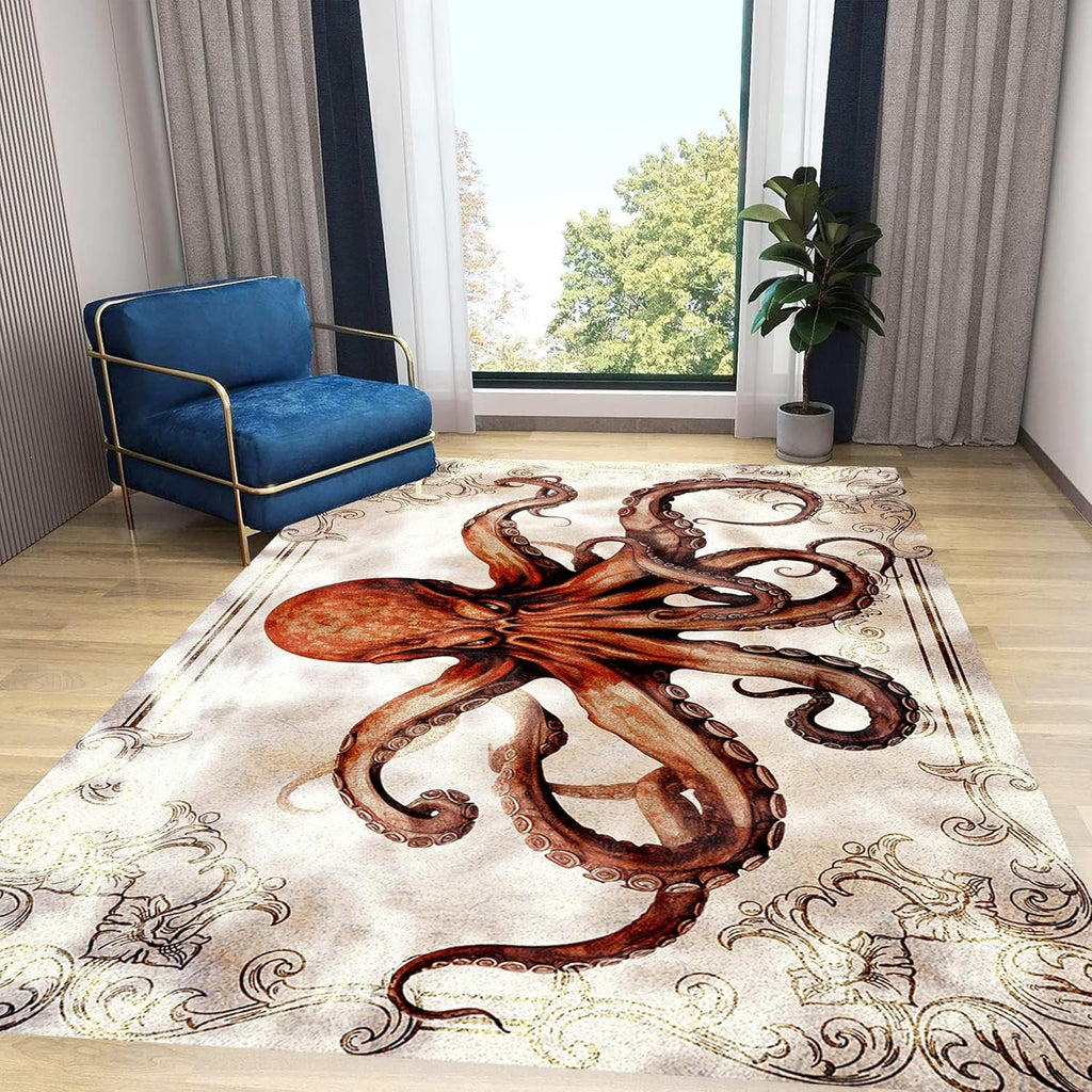 Octopus Area Rugs, 8x10ft, Vintage Ocean Octopus Print Indoor Throw Rug, Fade Resistant Durable No Crease Carpet, Rubber Backed Anti-Slip Printed Carpets for Bedside Dining Table