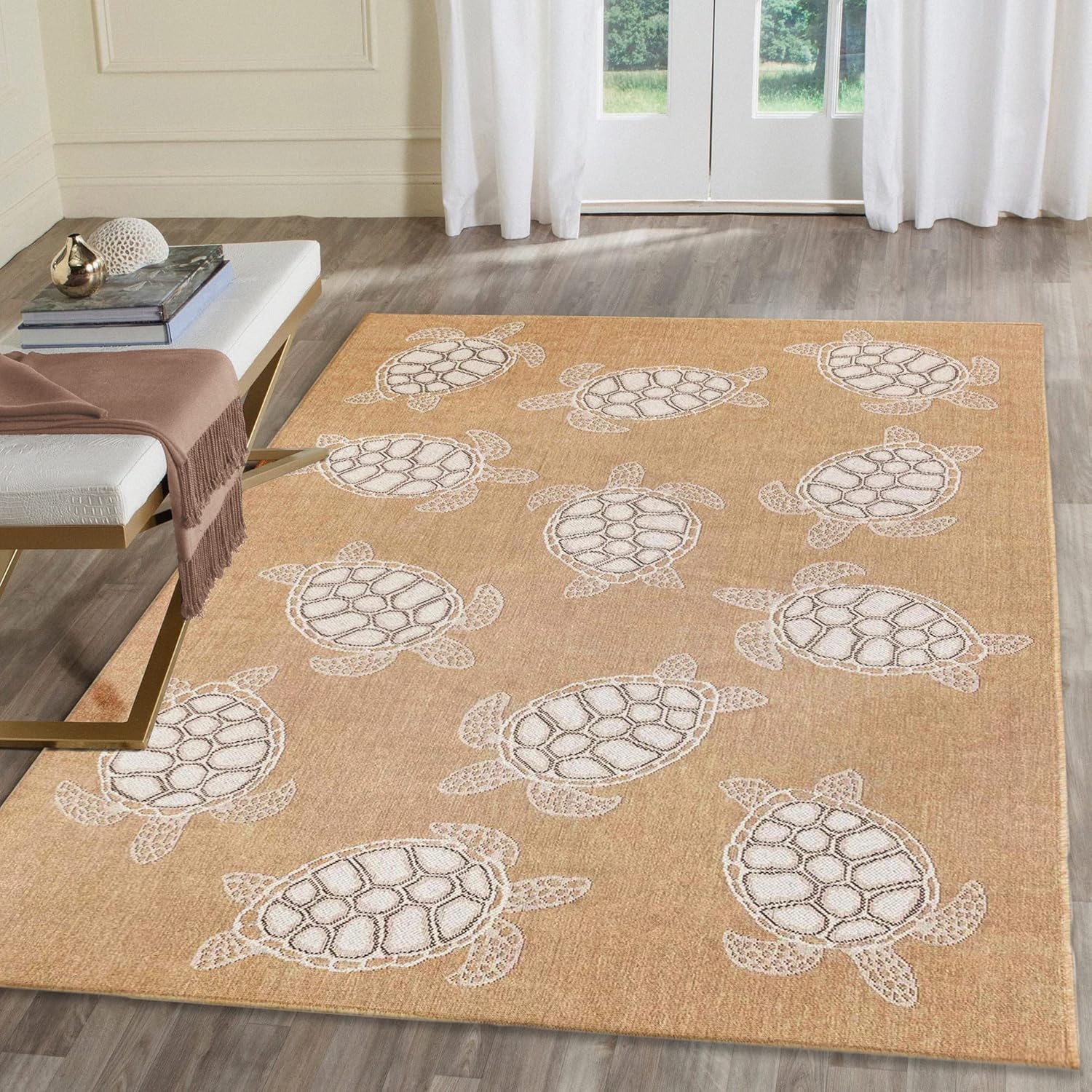Liora Manne CARMEL Indoor/Outdoor Power Loomed Synthetic Blend Low Profile Area Rug - Transitional Coastal Turtle Decorative (Seaturtles Sand) (6'6" x 9'4")