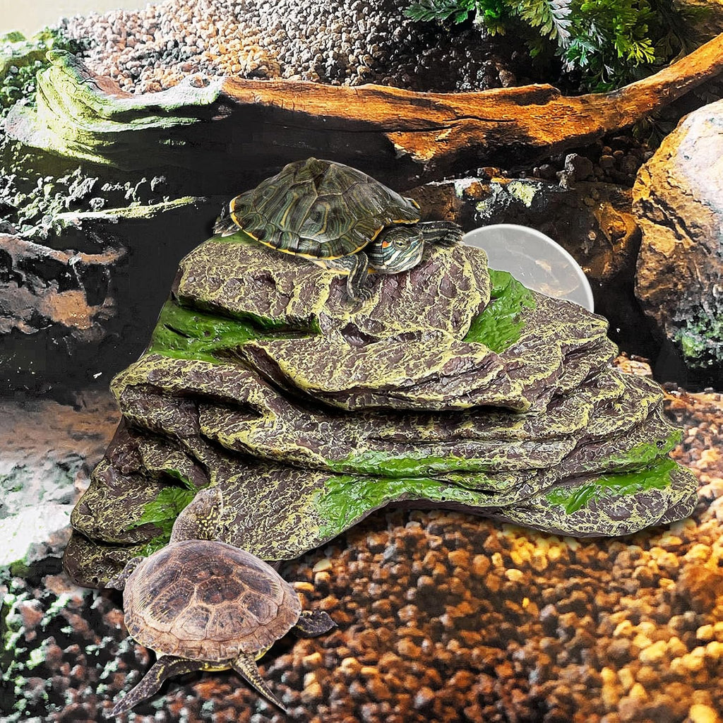kathson Turtle Basking Platform Floating Turtle Dock Baby Tortoise Climbing Ramp Shale Reptiles Dock Resting Terrace Stone Aquarium Ornament for Frogs Newts (Green Size:7.1”Lx6.3”Wx2.7”H)