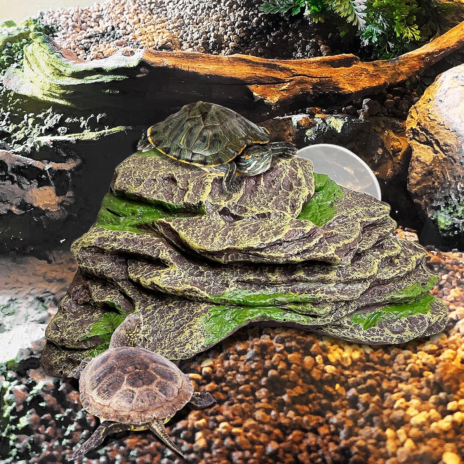 kathson Turtle Basking Platform Floating Turtle Dock Baby Tortoise Climbing Ramp Shale Reptiles Dock Resting Terrace Stone Aquarium Ornament for Frogs Newts (Green Size:7.1”Lx6.3”Wx2.7”H)