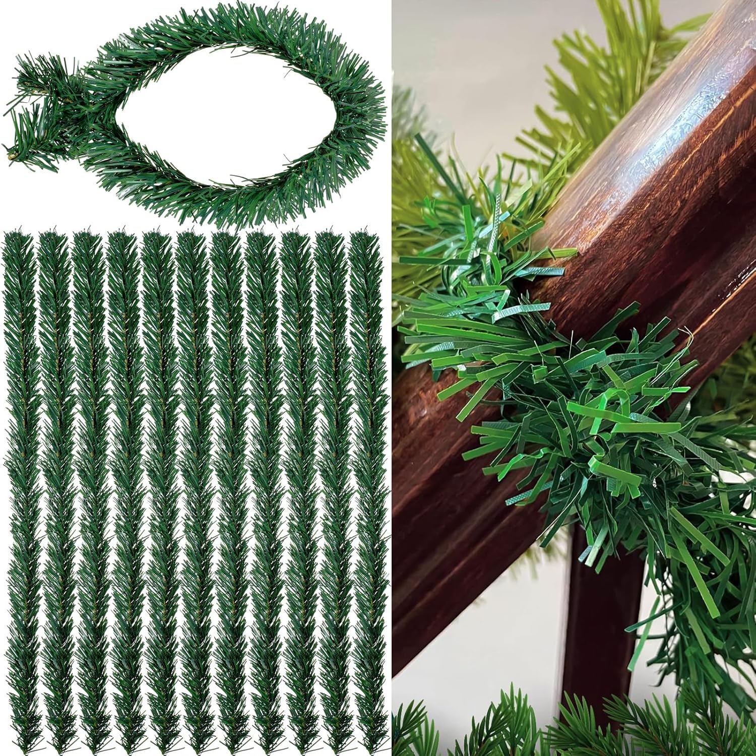 Zhengmy 30 Pcs 25 Inch Christmas Garland Ties Artificial Pine Needles Flexible Pine Stems Twist Wired Tree Branches for Christmas Stairs Railing Banister DIY Craft Gift Wrapping