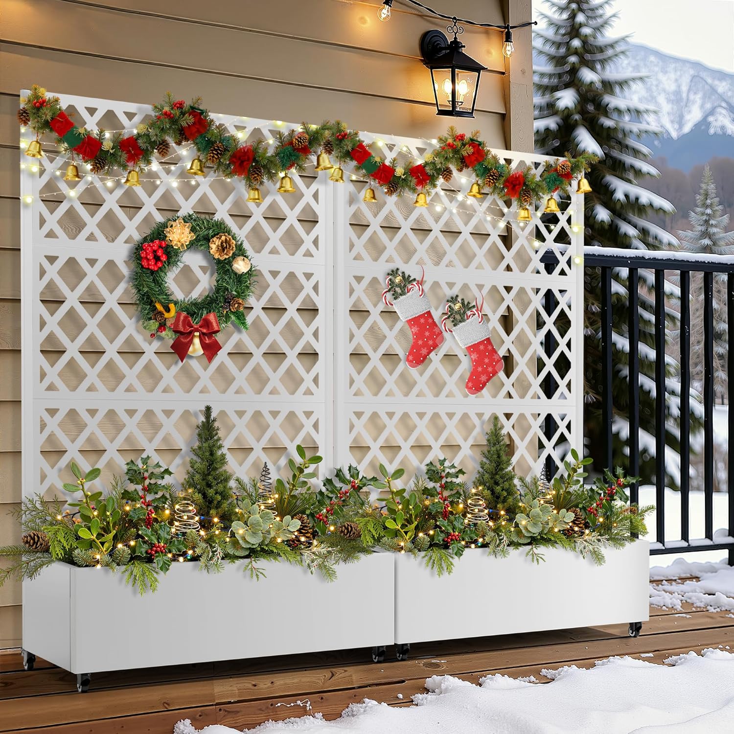 FENCY Metal Planter Box with Diamond Lattice Trellis Planter Box for Climbing Plants/Vines, Galvanized Raised Garden Bed On Wheels, Garden Bed with Trellis(73"x47" White)