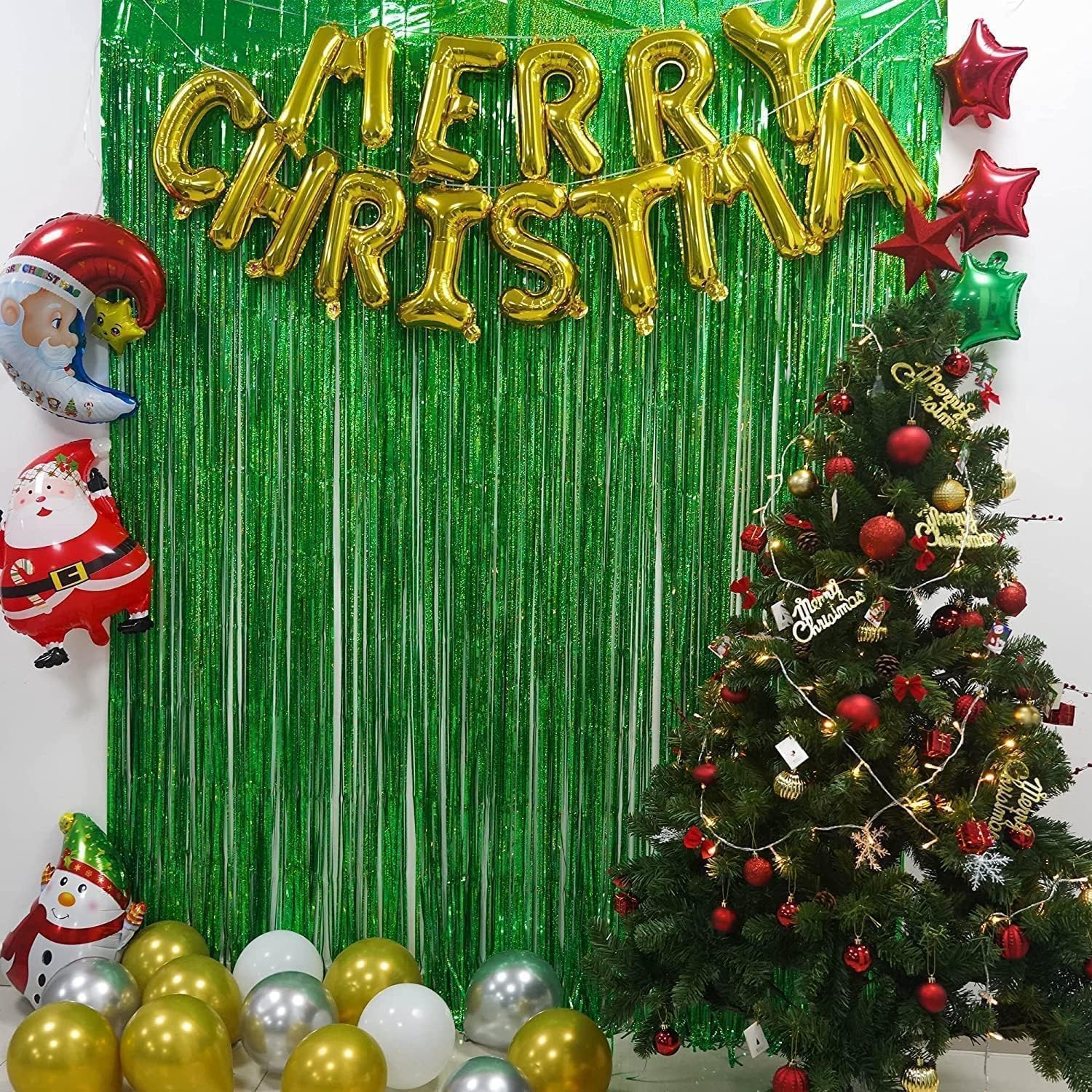 BRAVESHINE Green Metallic Tinsel Foil Fringe Curtains - 2 Pack 3.2 x 8.2 ft Metallic Photo Backdrop for Graduates-Theme/St Patricks Day/Hawaiian/Luau/Dinosaur/Jungle-Theme/Christmas Party Decorations