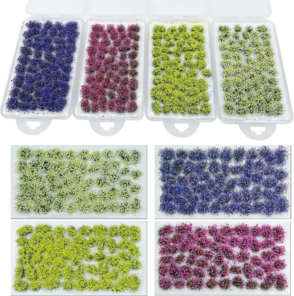 Woohome 4 Pack Miniature Colorful Flower Cluster Self Adhesive Flower Vegetation Groups Static Grass Tufts for Train Landscape Railroad Scenery Sand Military Layout Model